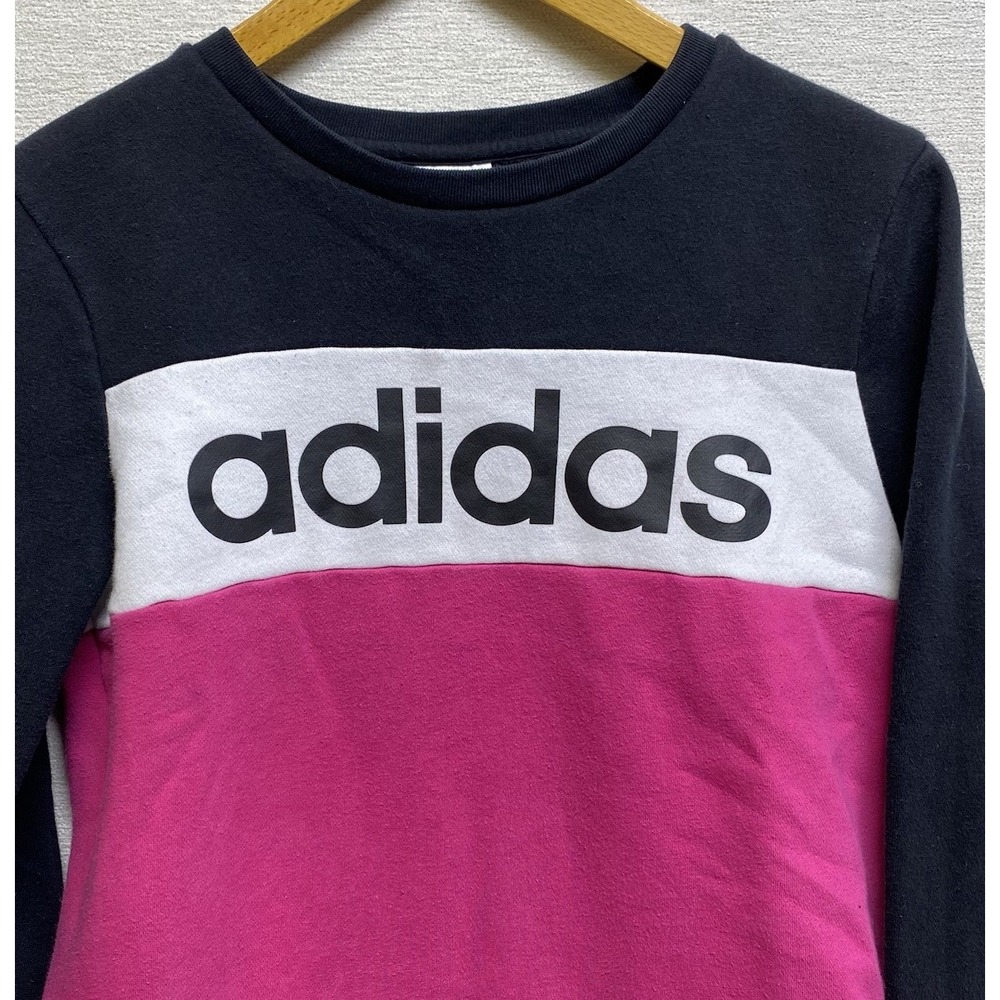 Adidas Girls Crew Neck Pullover Sweatshirt Black Pink White Stripes Youth XL 16